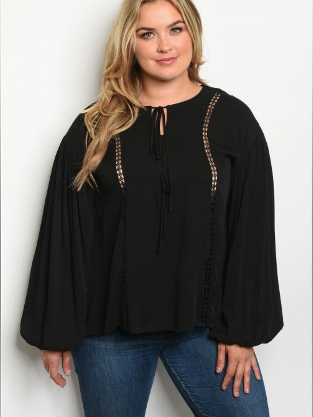 Angela Plus Women's Black Tie-Neck Peasant Tunic with Ladder Lace Panels